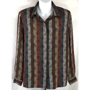 Vintage Alfred Dunner silky top 12 multi Geo button up LongSleeve collar Career